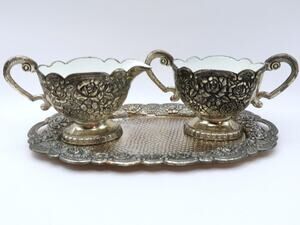 Vintage Cream Sugar Set w Tray, A Price Imports Japan Floral Silver Tone by APCO